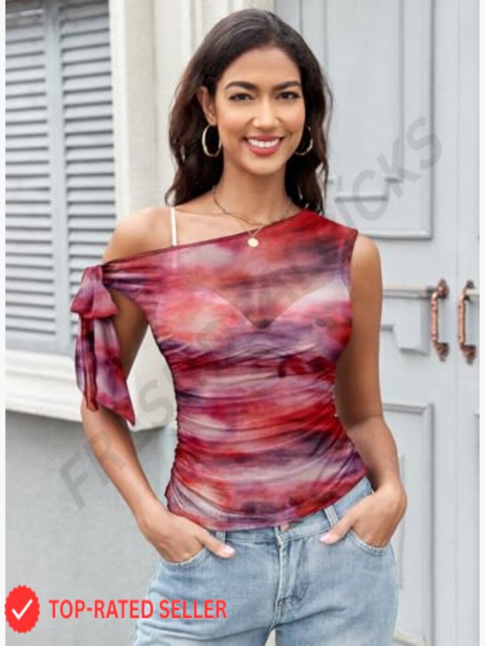 Mesh Sheer Off Shoulder Tops Asymmetric Self Tie Crop Blouse Going Out Tee - Picture 2 of 7